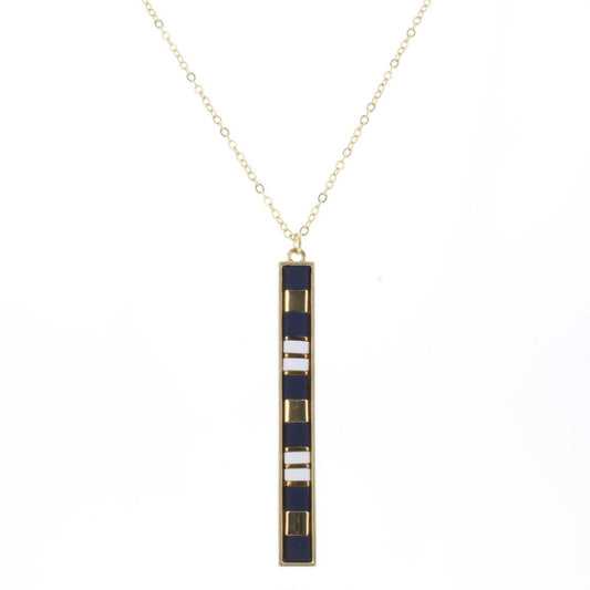 30" Navy, Gold, White Tila Beaded Bar Necklace, 3" Ext