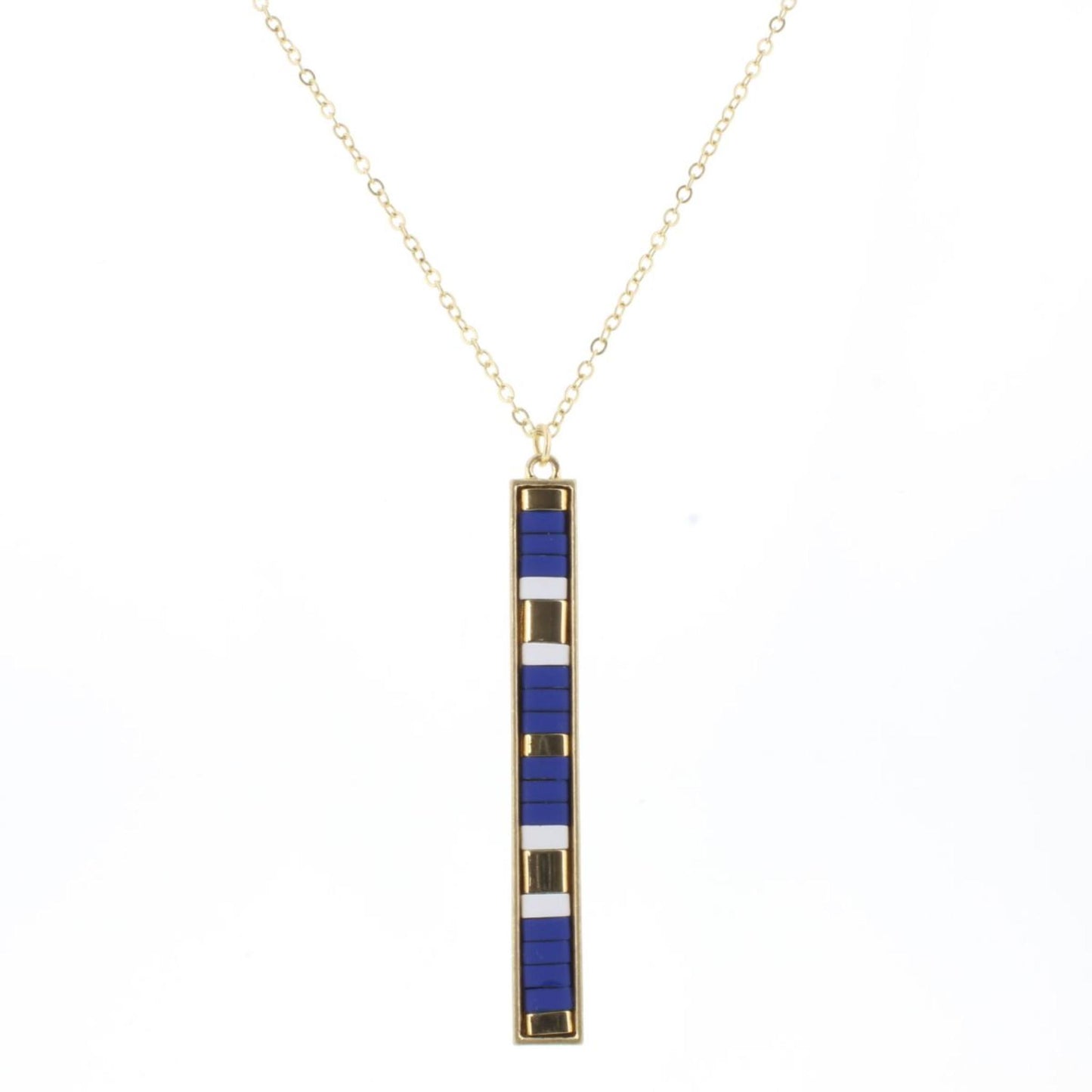 30" Royal, White, Gold Tila Beaded Bar Necklace, 3" Ext