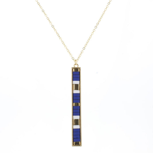 30" Royal, White, Gold Tila Beaded Bar Necklace, 3" Ext