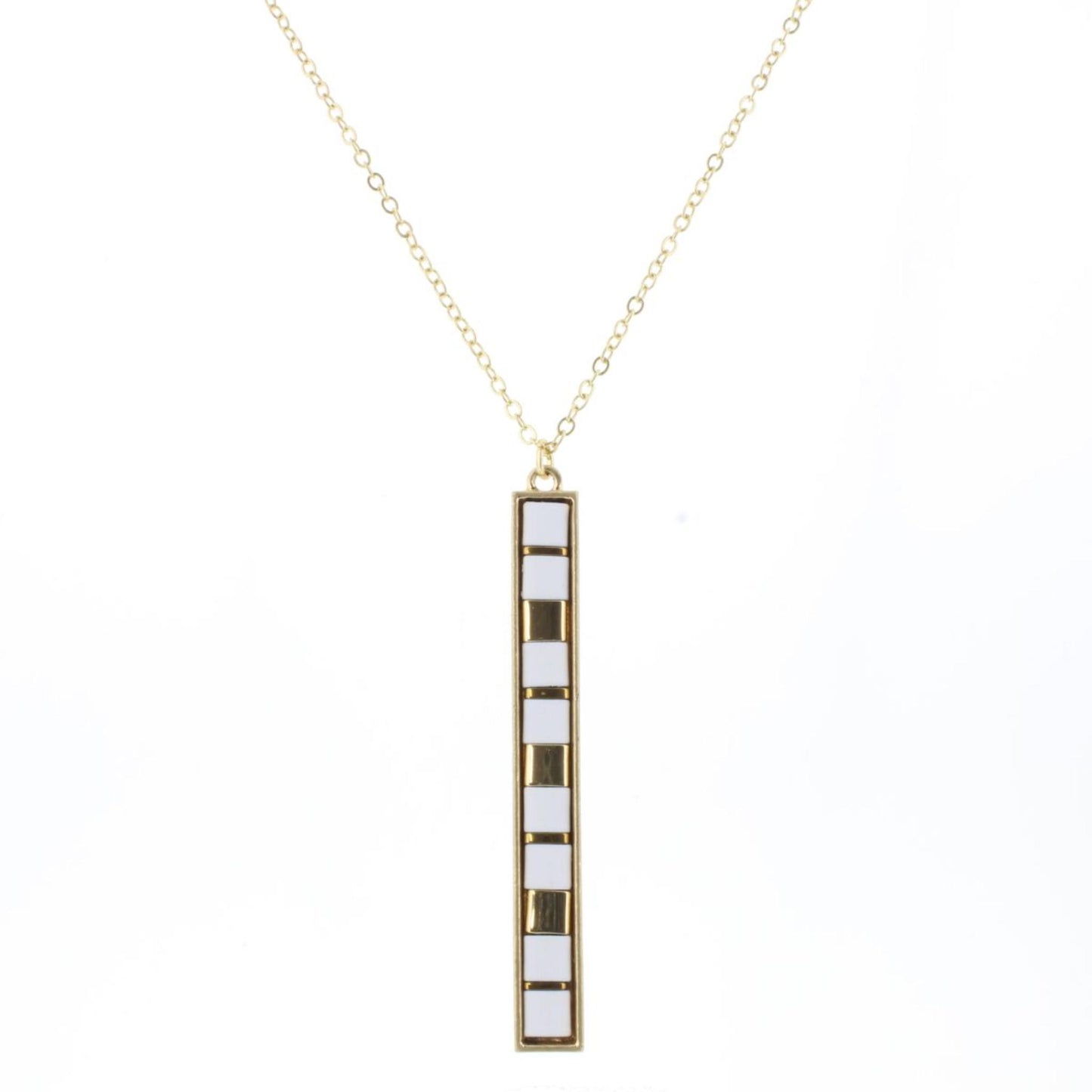 30" White & Gold Tila Beaded Bar Necklace, 3" Ext