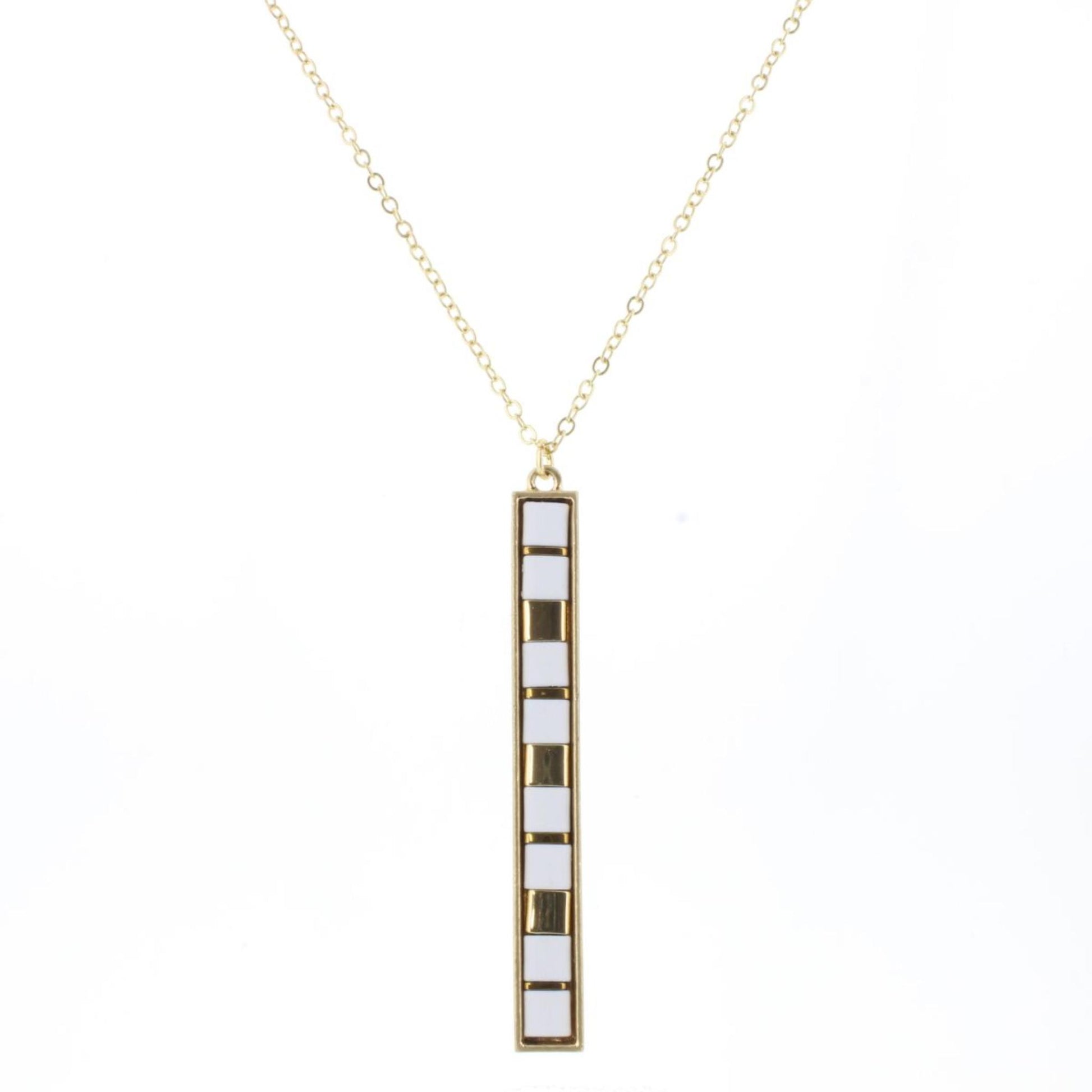 30" White & Gold Tila Beaded Bar Necklace, 3" Ext