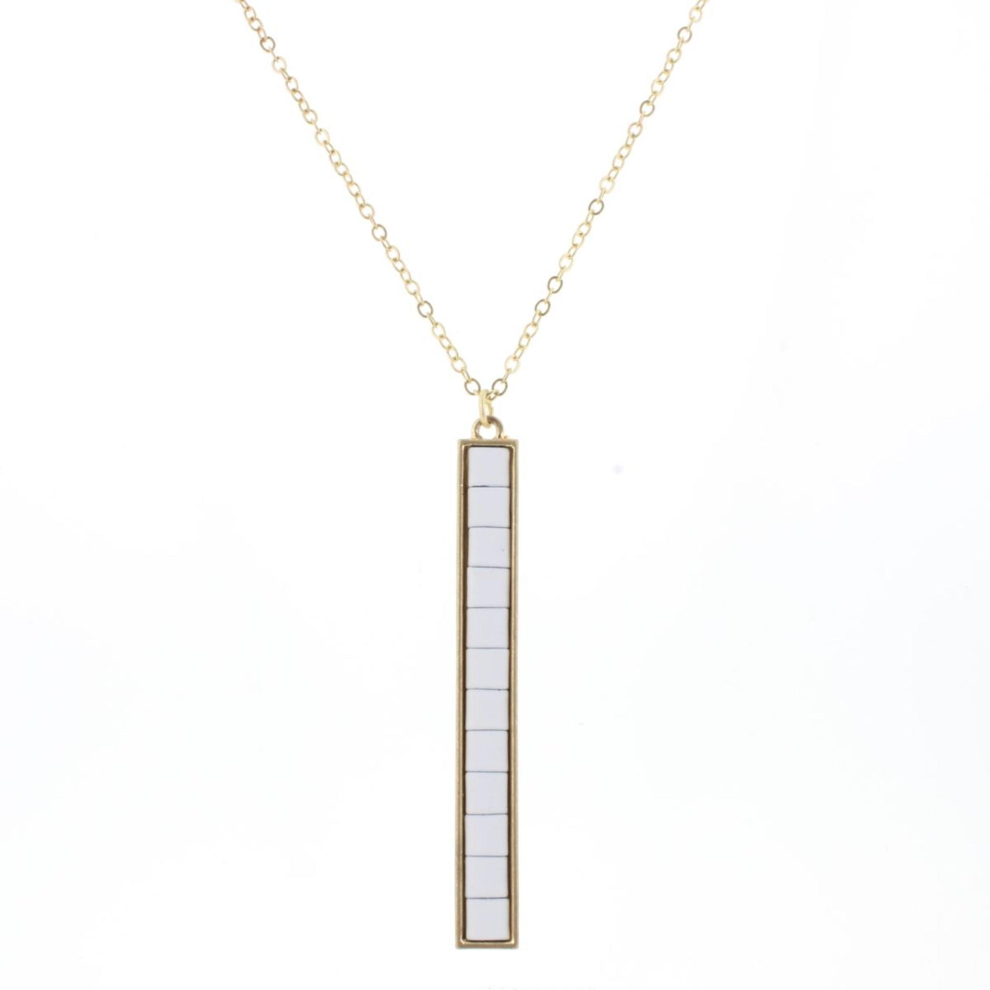 30" White Tila Beaded Bar Necklace, 3" Ext