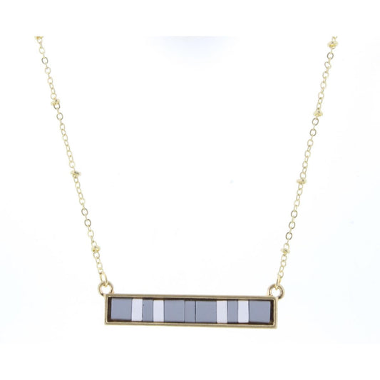 16" Grey & White Tila Beaded Bar Necklace, 3" Ext