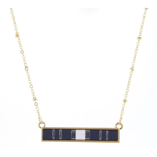 16" Navy, White, Silver Tila Beaded Bar Necklace, 3" Ext