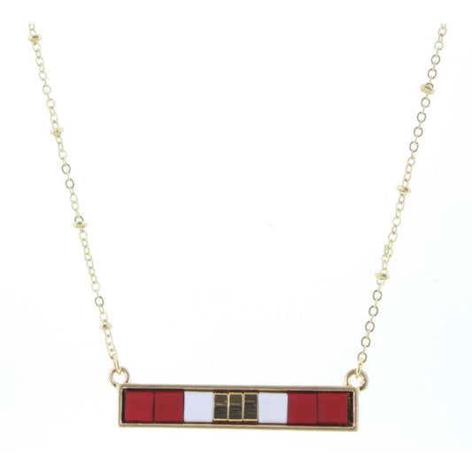 16" Red, Gold, White Tila Beaded Bar Necklace, 3" Ext