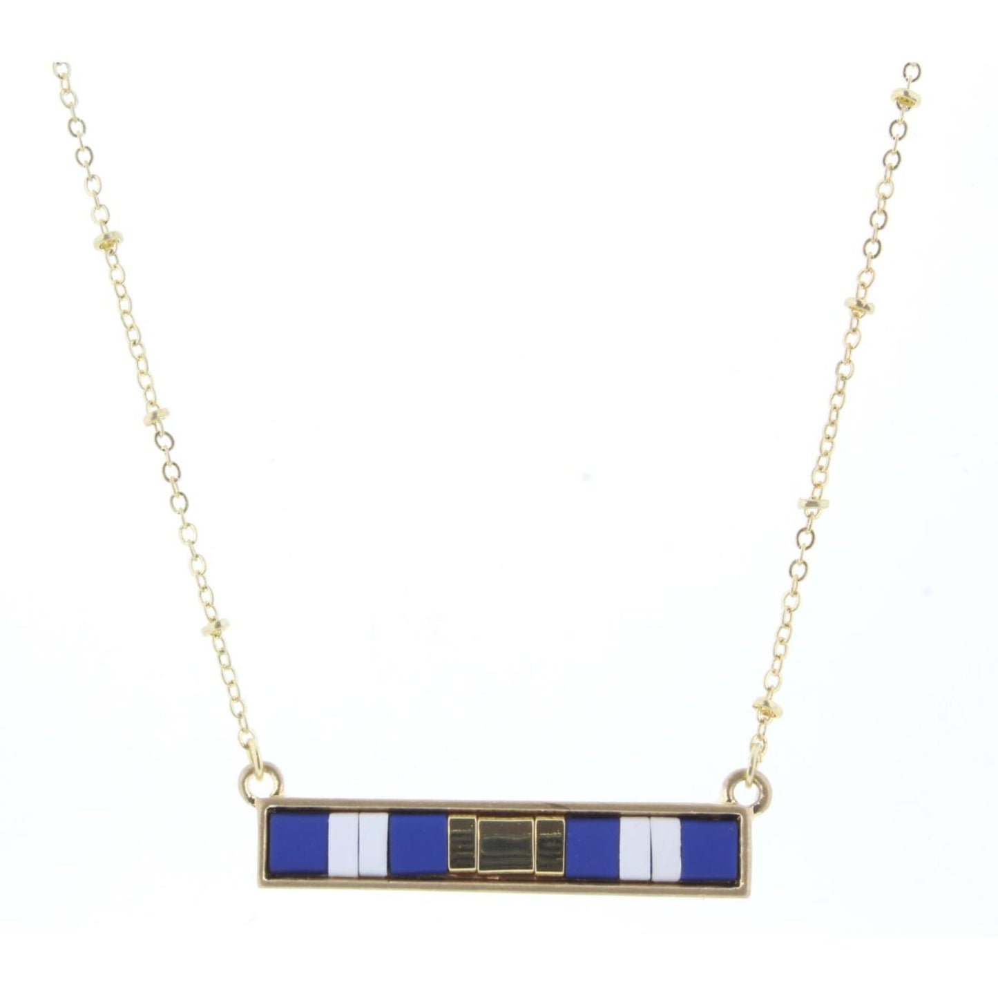16" Royal, White, Gold Tila Beaded Bar Necklace, 3" Ext