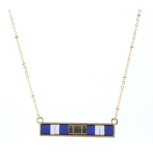 16" Royal, White, Gold Tila Beaded Bar Necklace, 3" Ext
