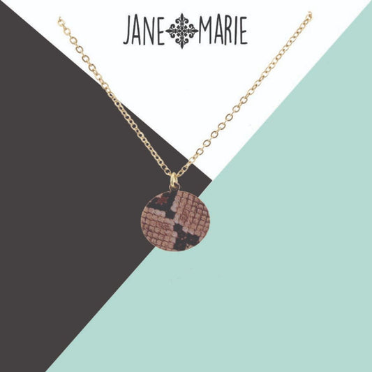 16" Brown Snakeskin Printed Metal Circle Necklace, 3" Ext