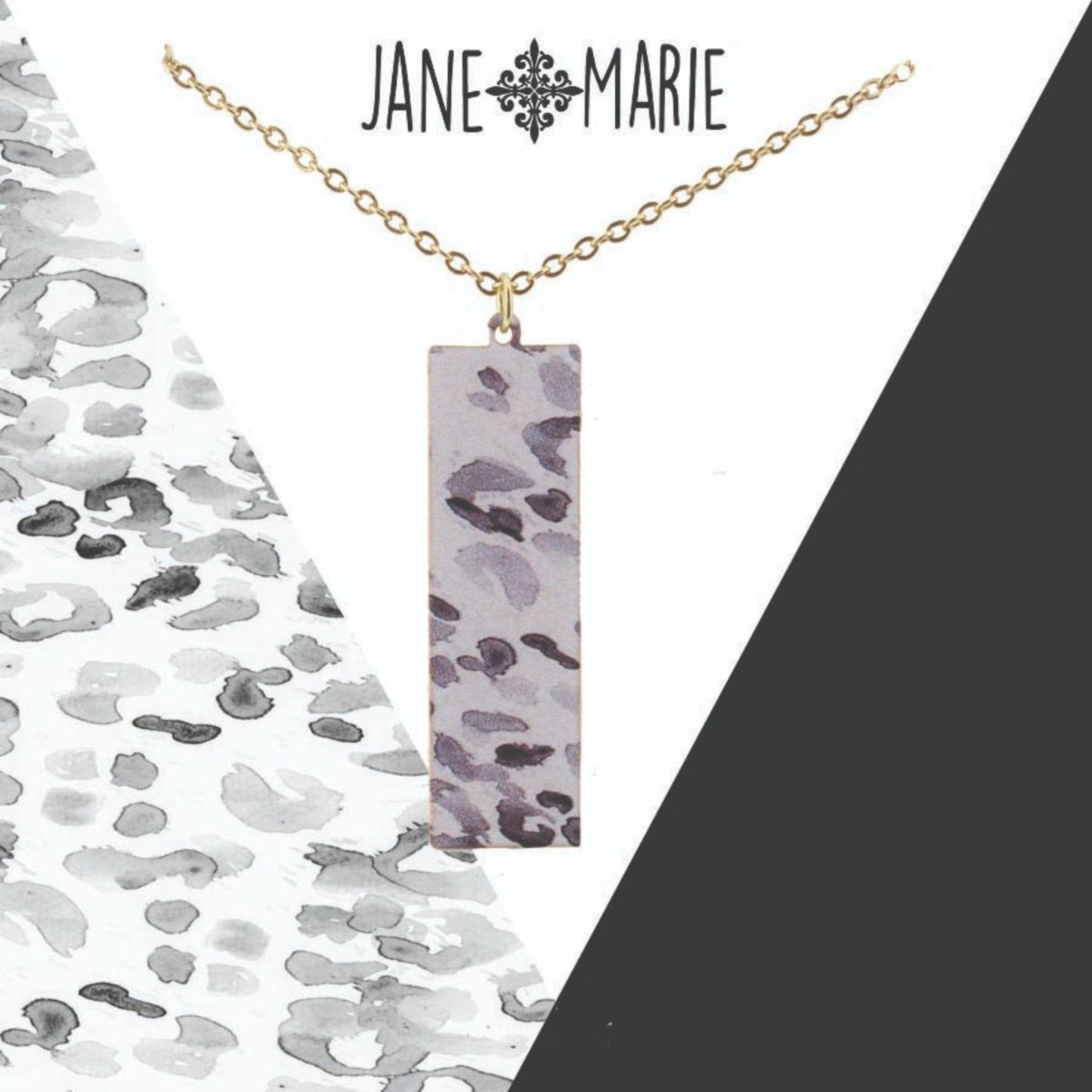 16" White/Grey Leopard Printed Metal Rectangle Necklace, 3" Ext