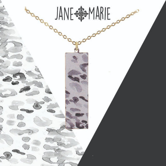 16" White/Grey Leopard Printed Metal Rectangle Necklace, 3" Ext
