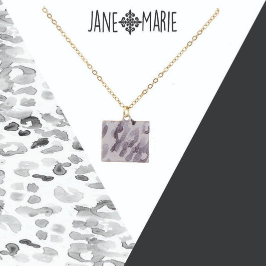 16" White/Grey Leopard Printed Metal Square Necklace, 3" Ext