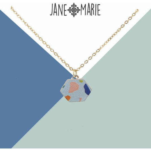 16" Light Blue Terrazzo Printed Metal Hexagon Necklace, 3" Ext