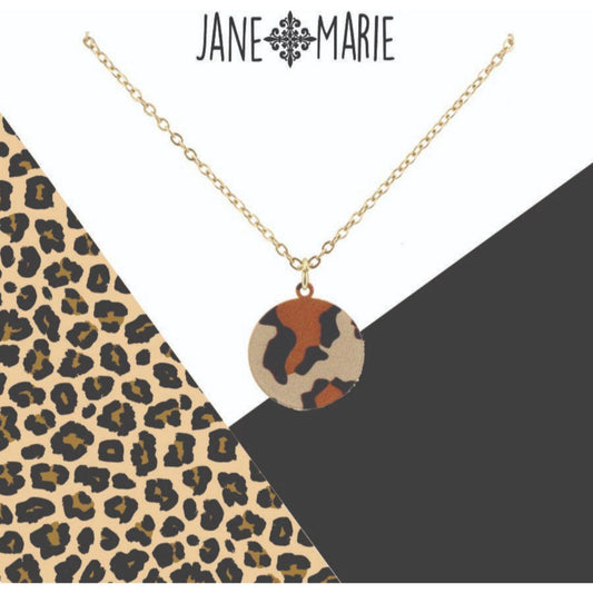 16" True Leopard Printed Metal Circle Necklace, 3" Ext