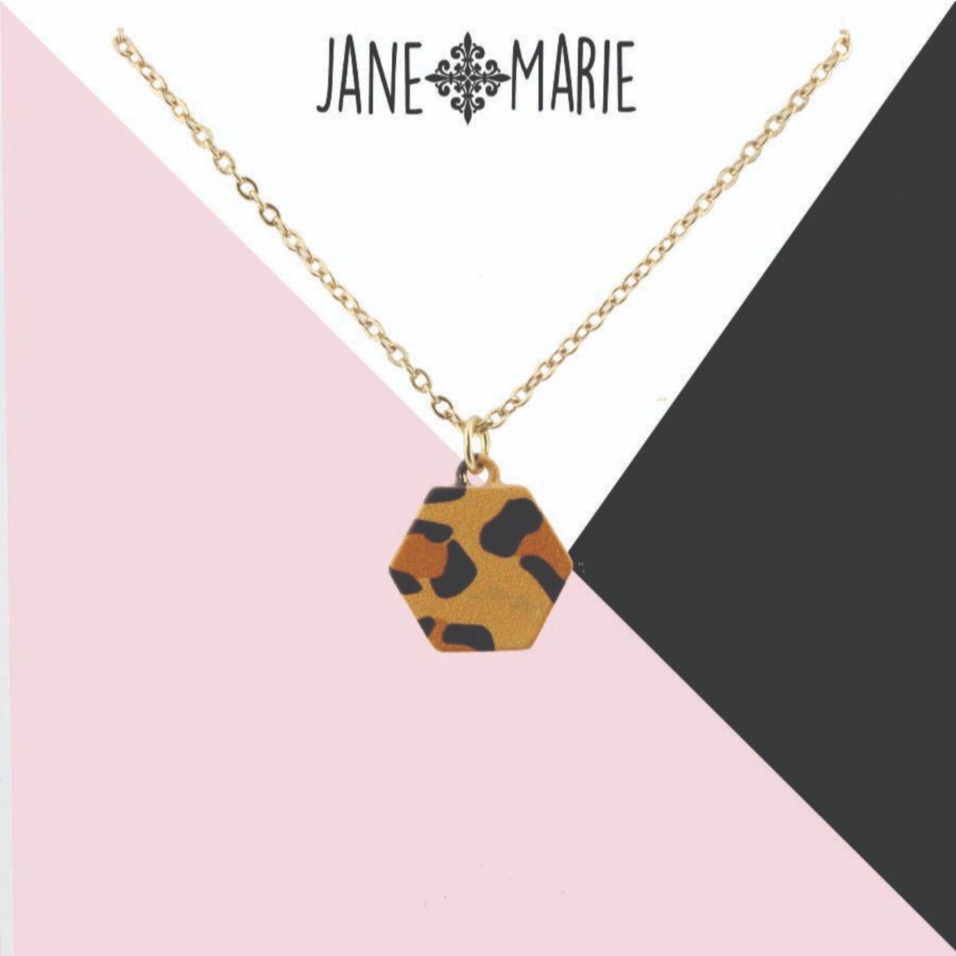 16" Leopard Printed Metal Hexagon Necklace, 3" Ext