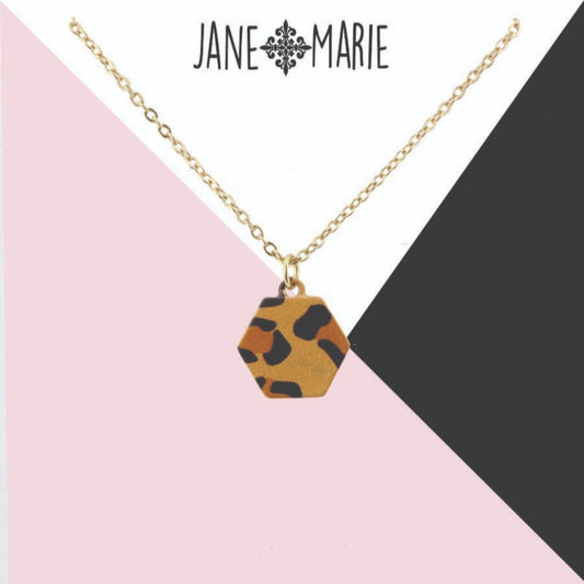 16" Leopard Printed Metal Hexagon Necklace, 3" Ext