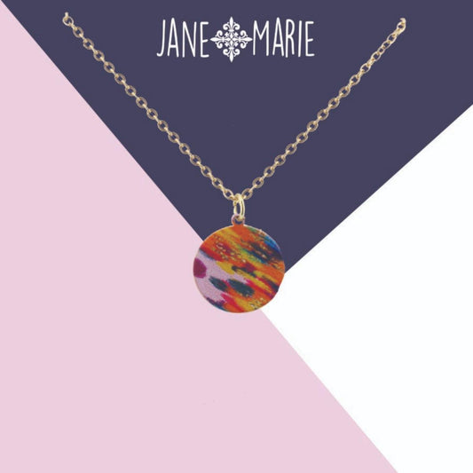16" Multi Abstract Dot Pattern Printed Metal Circle Necklace, 3" Ext