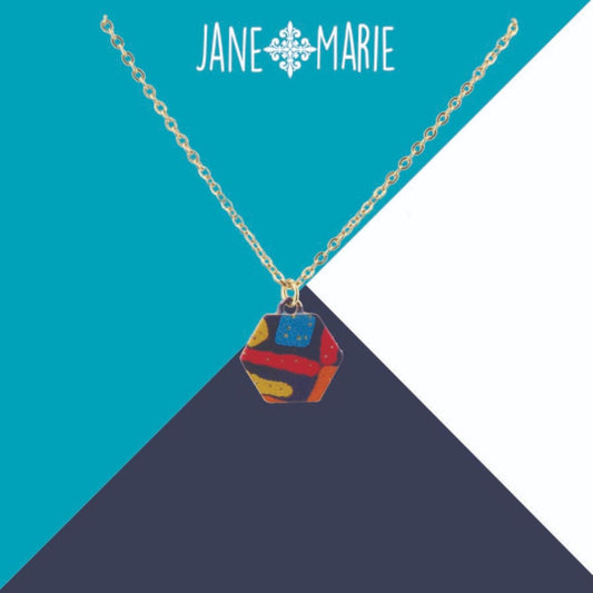 16" Multi Pattern Printed Metal Hexagon Necklace, 3" Ext