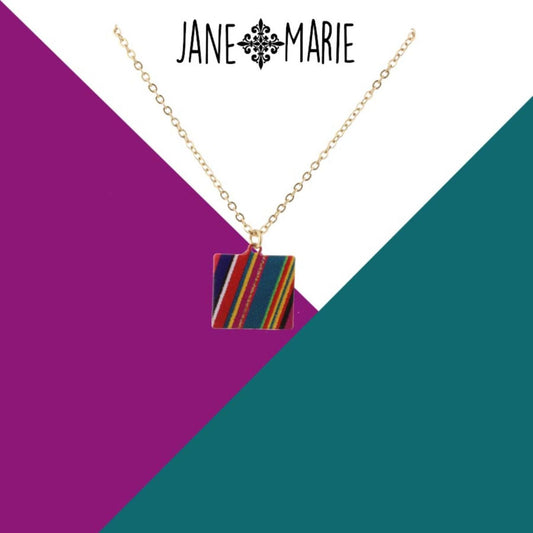 16" Multi Stripe Printed Metal Square Necklace, 3" Ext