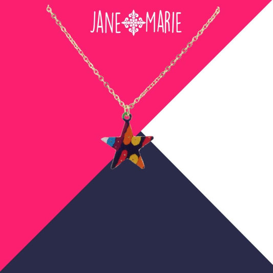 16" Multi Pattern Printed Metal Star Necklace, 3" Ext