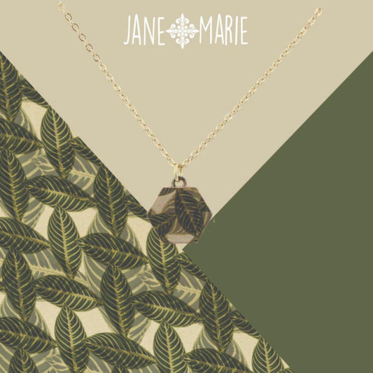 16" Palm Printed Metal Hexagon Necklace, 3" Ext