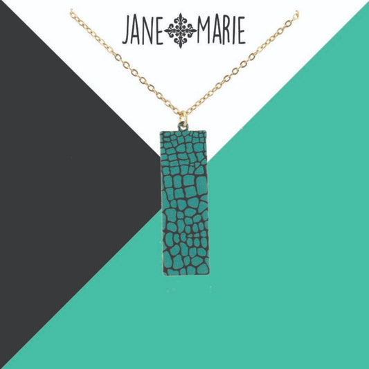 16" Teal Snakeskin Printed Metal Rectangle Necklace, 3" Ext