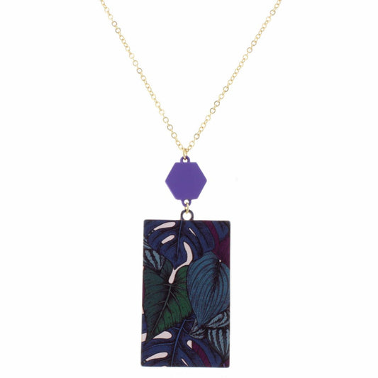 32" Purple Hexagon with Multi Palm Rectangle Pendant Necklace, 3" Ext