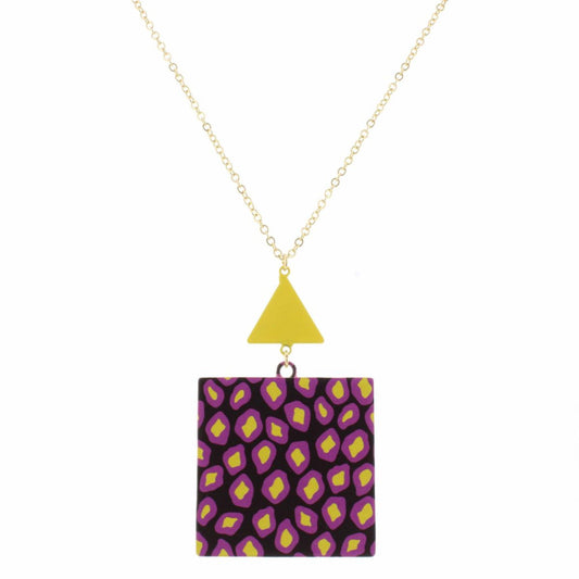 32" Yellow Triangle with Purple/Yellow Abstract Leopard Pendant Necklace, 3" Ext