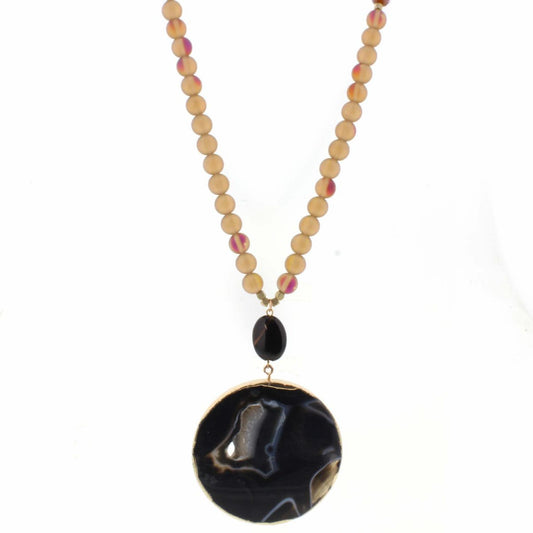 30" Jet, Topaz, and Brown Opalized Bead with Jet Oval and Jet Circle Agate Necklace, 3" Ext