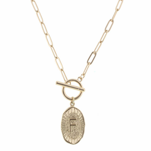 16" Gold Stamped "F" Initial with Link Chain and Toggle Closure Necklace