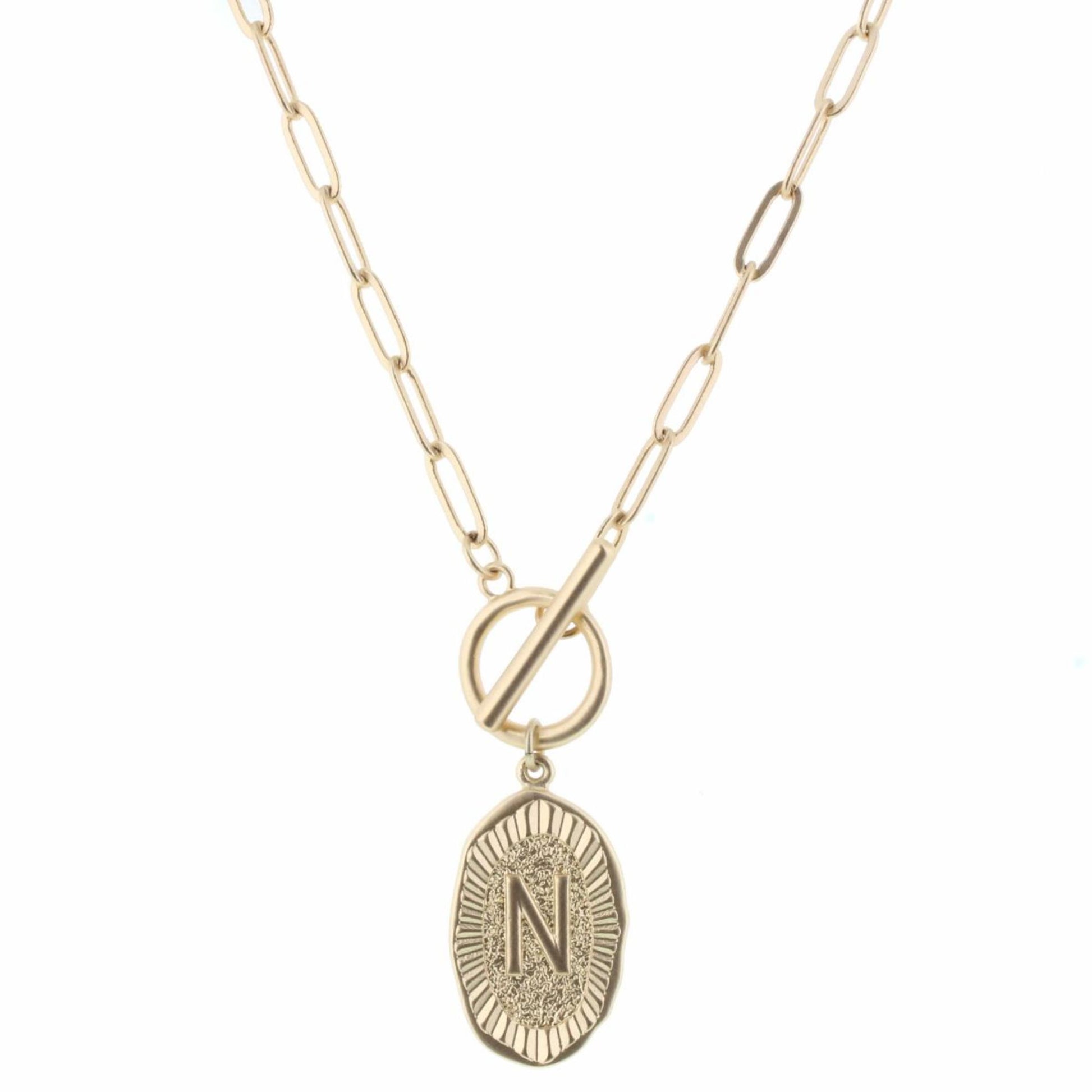16" Gold Stamped "N" Initial with Link Chain and Toggle Closure Necklace