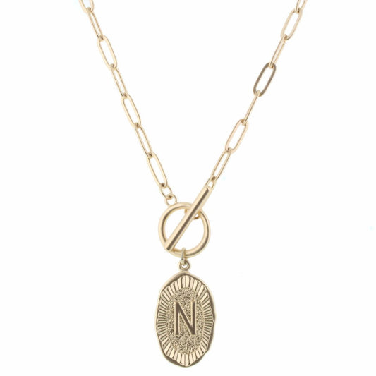 16" Gold Stamped "N" Initial with Link Chain and Toggle Closure Necklace
