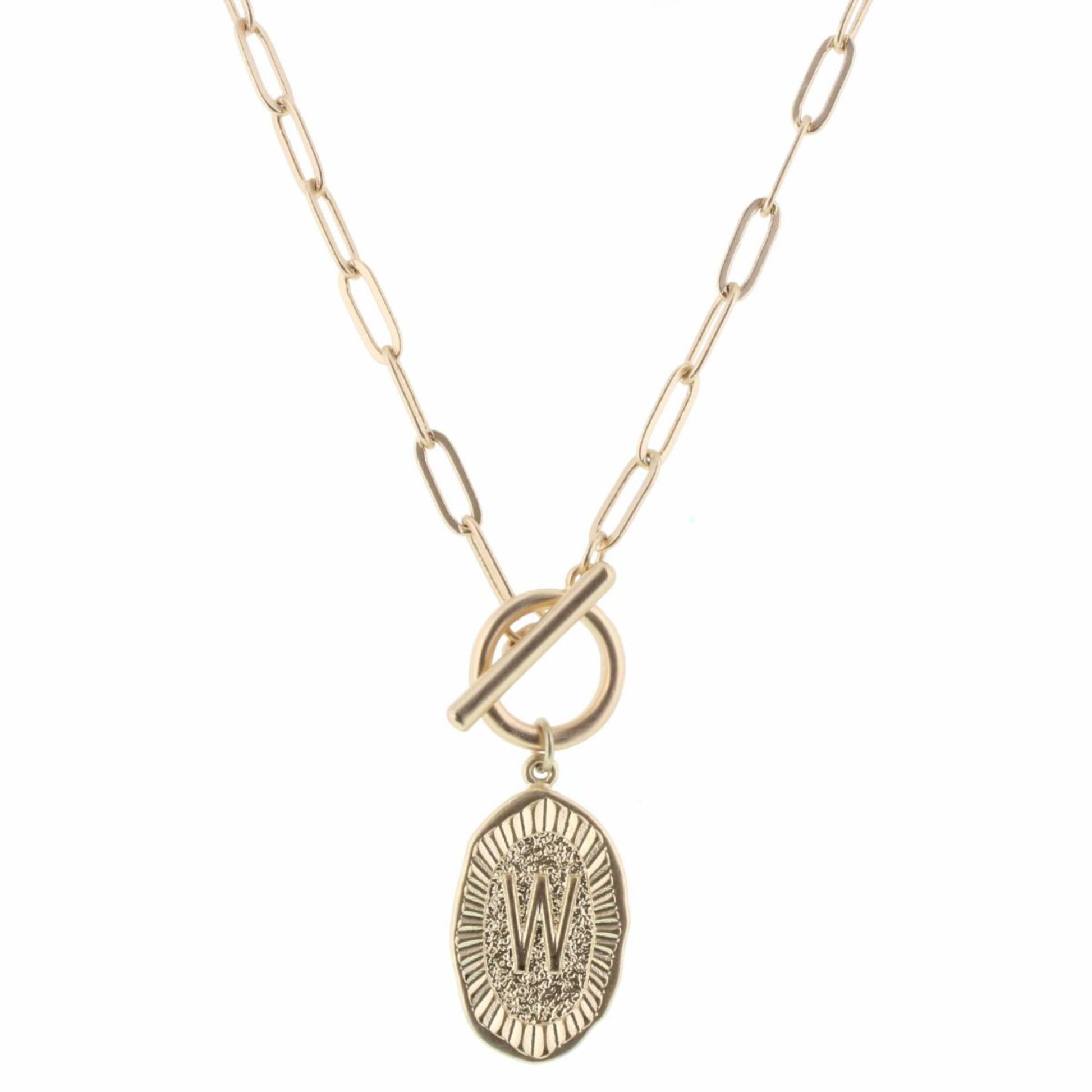 16" Gold Stamped "W" Initial with Link Chain and Toggle Closure Necklace