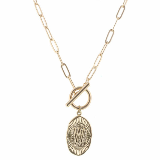16" Gold Stamped "W" Initial with Link Chain and Toggle Closure Necklace