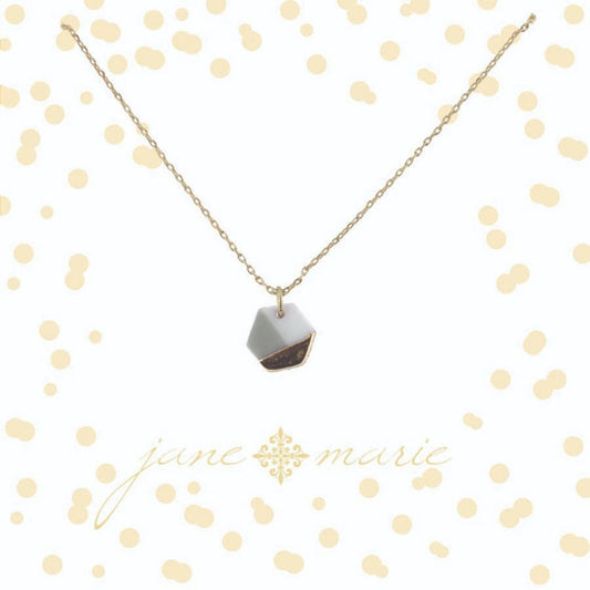 16" Colorblock White, Grey and Gold Hexagon Necklace, 3" Ext
