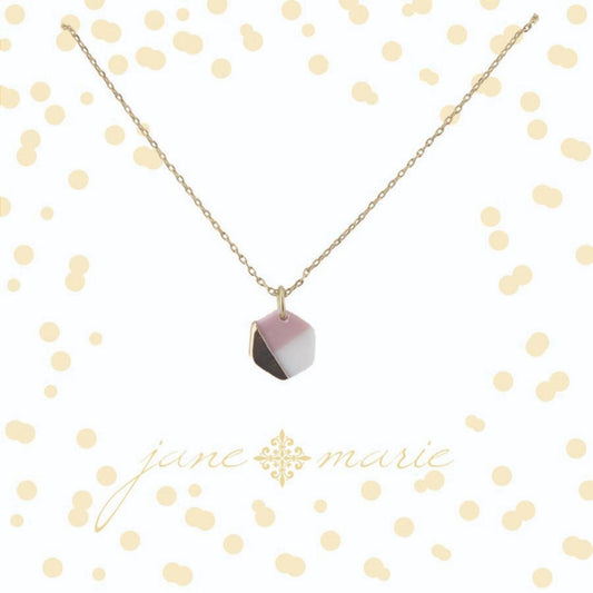 16" Colorblock White, Gold, and Pink Hexagon Necklace, 3" Ext