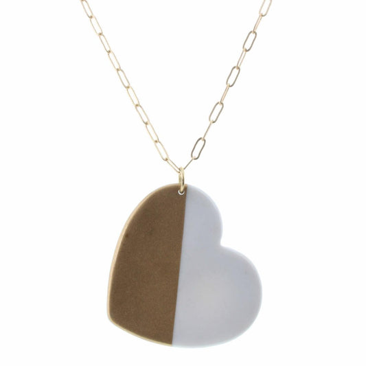 30" White and Gold Colorblock Heart Necklace, 3" Ext