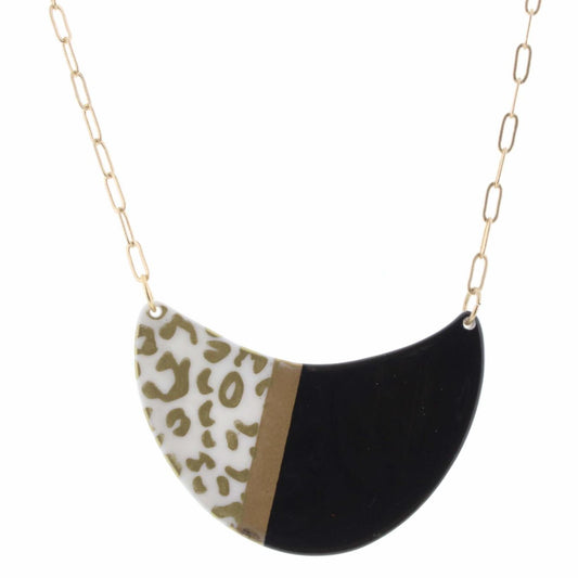 30" Colorblock Leopard, Black, and Gold Semicircle Necklace, 3" Ext