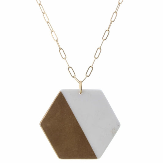 30" Colorblock Gold and White Hexagon Necklace, 3" Ext