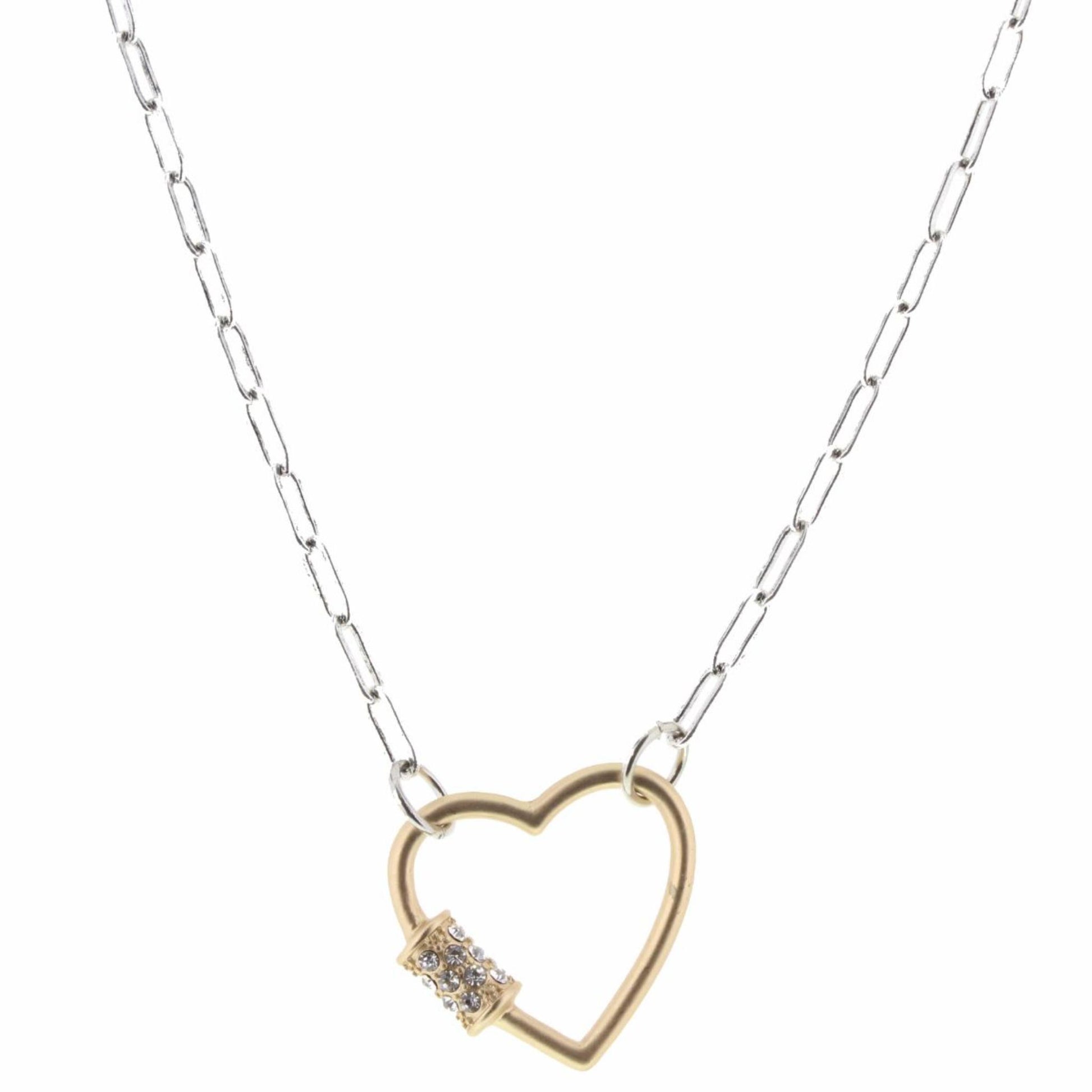 16" Two Tone Heart Carabiner Necklace, 3" Ext