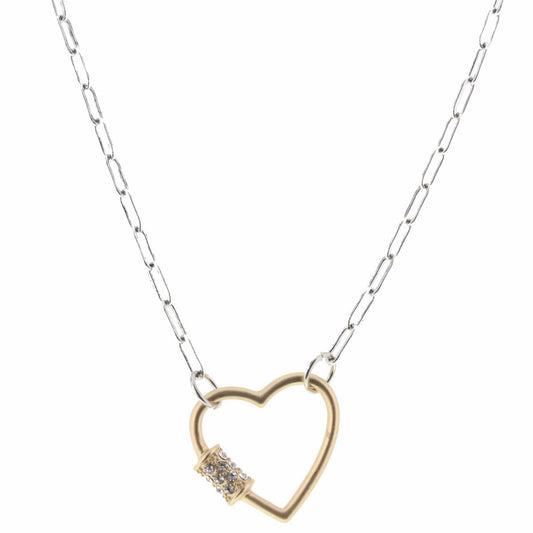 16" Two Tone Heart Carabiner Necklace, 3" Ext