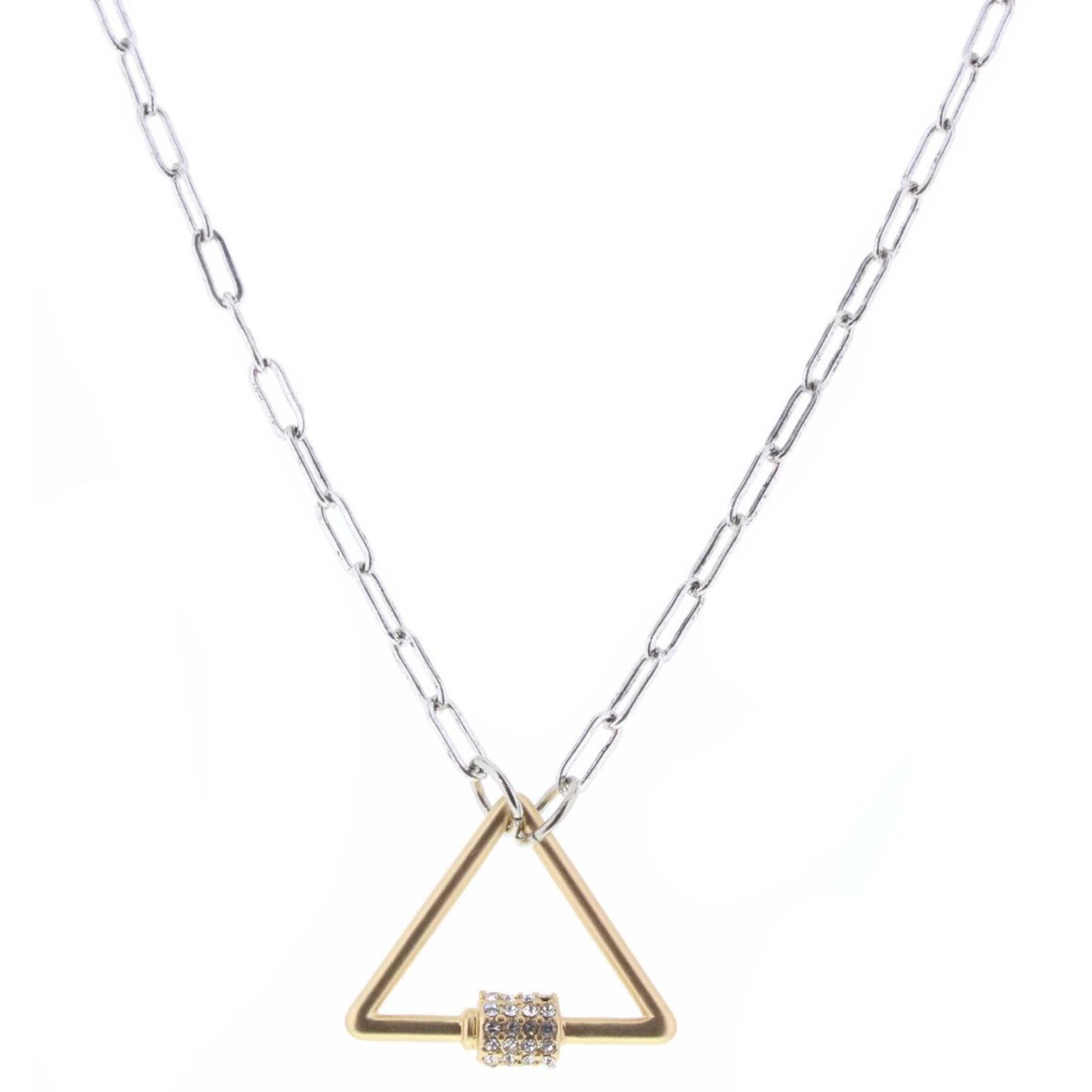16" Matte Gold Triangle Carabiner on Silver Necklace, 3" Ext