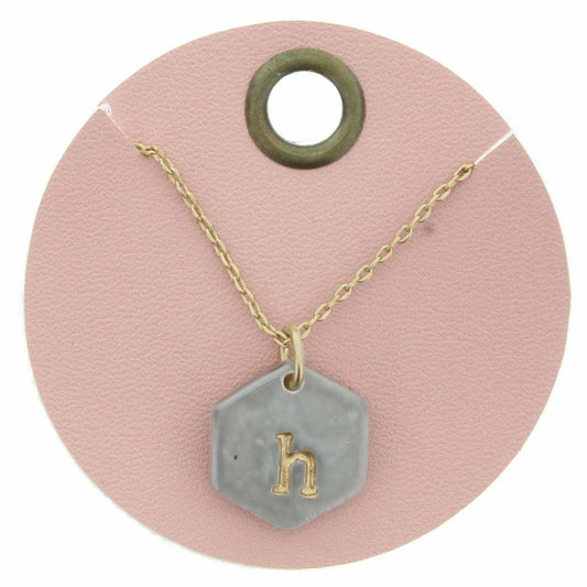 16" Grey Stamped Initial "H" Hexagon Necklace, 3" Ext