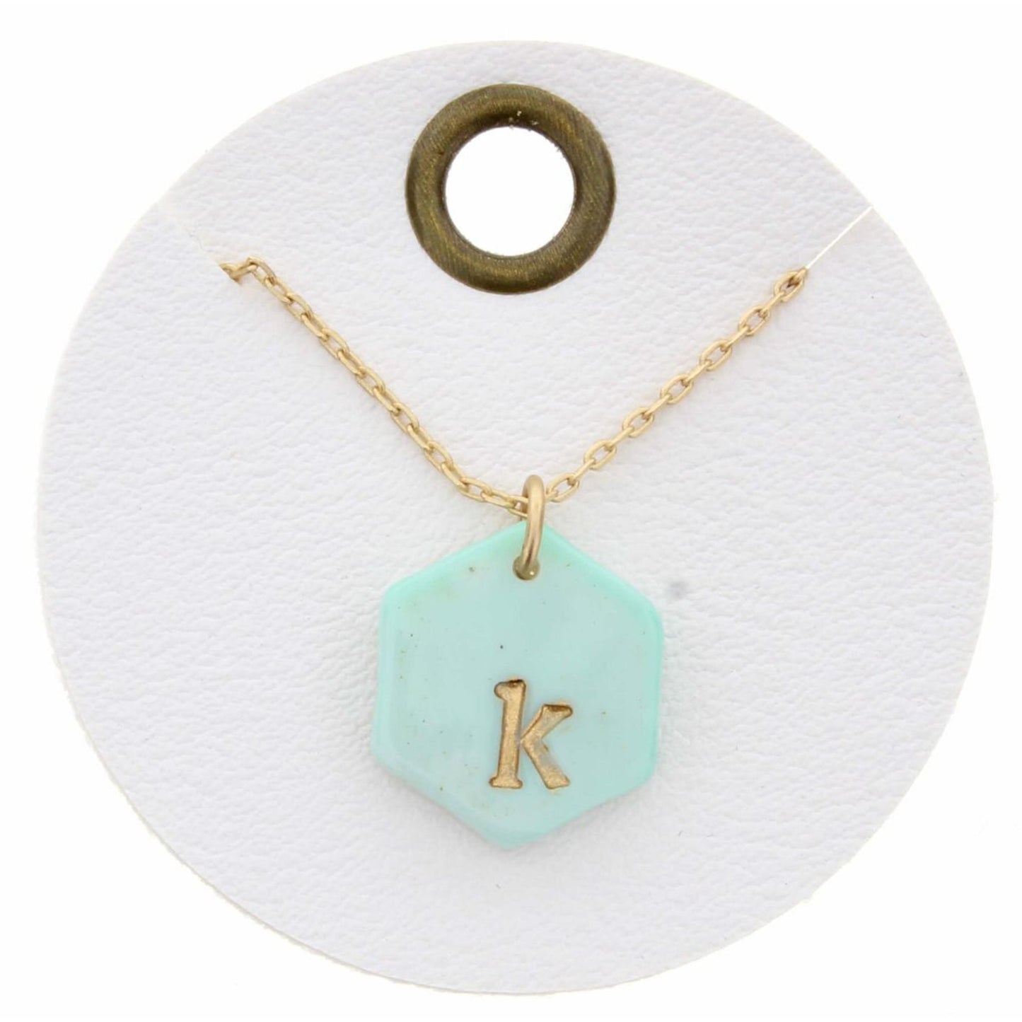 16" Mint Stamped Initial "K" Hexagon Necklace, 3" Ext