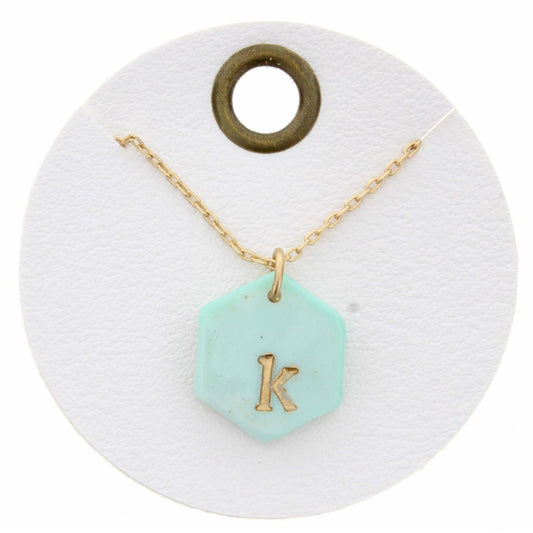 16" Mint Stamped Initial "K" Hexagon Necklace, 3" Ext