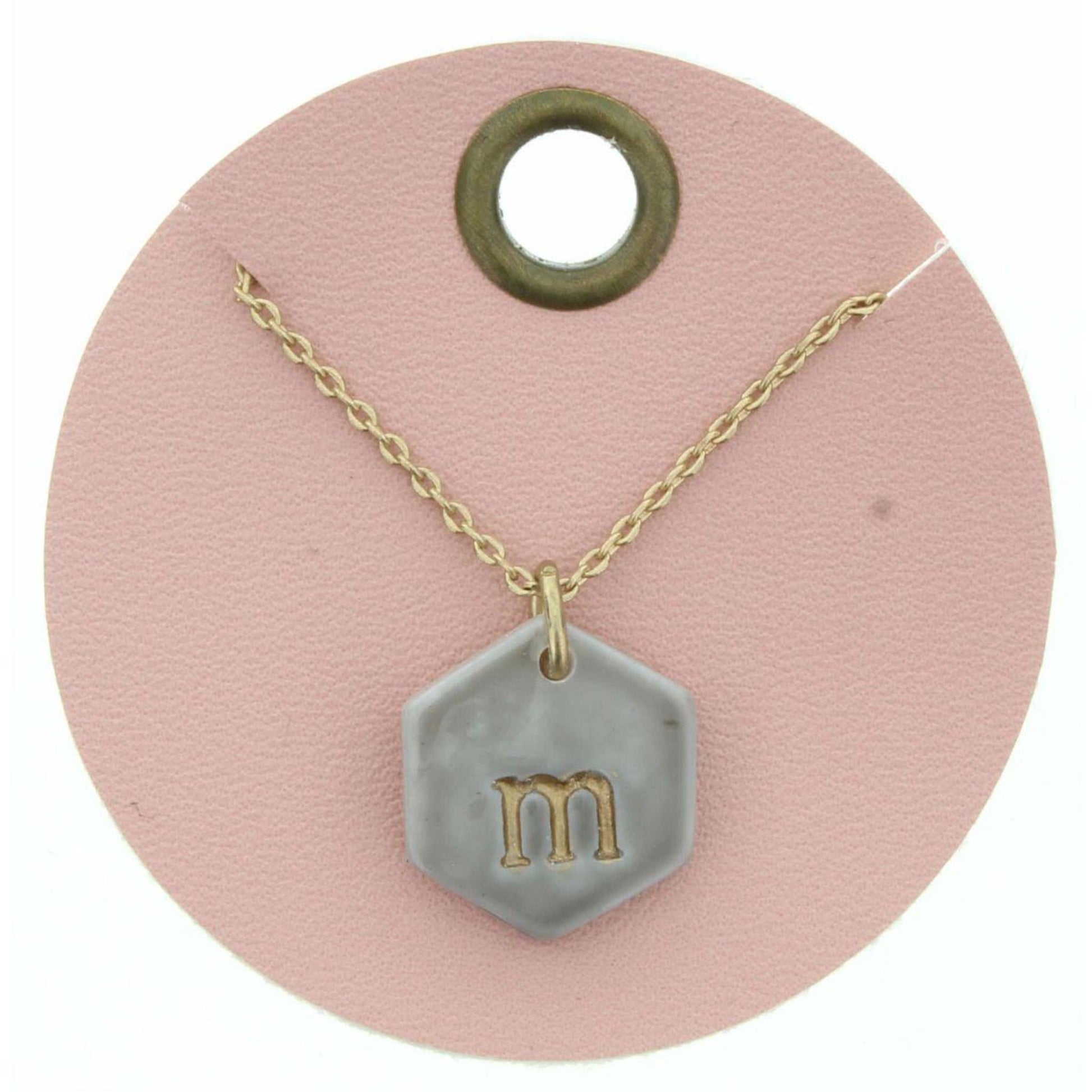 16" Grey Stamped Initial "M" Hexagon Necklace, 3" Ext