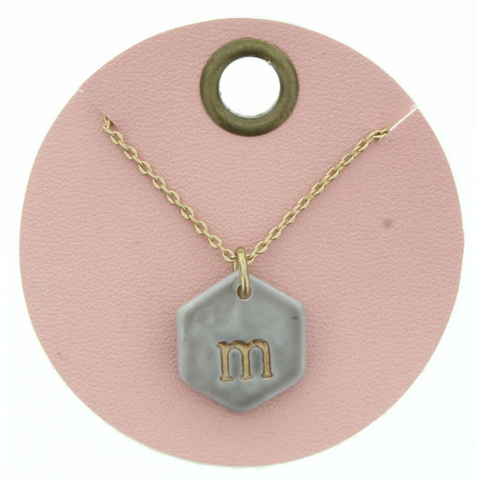 16" Grey Stamped Initial "M" Hexagon Necklace, 3" Ext
