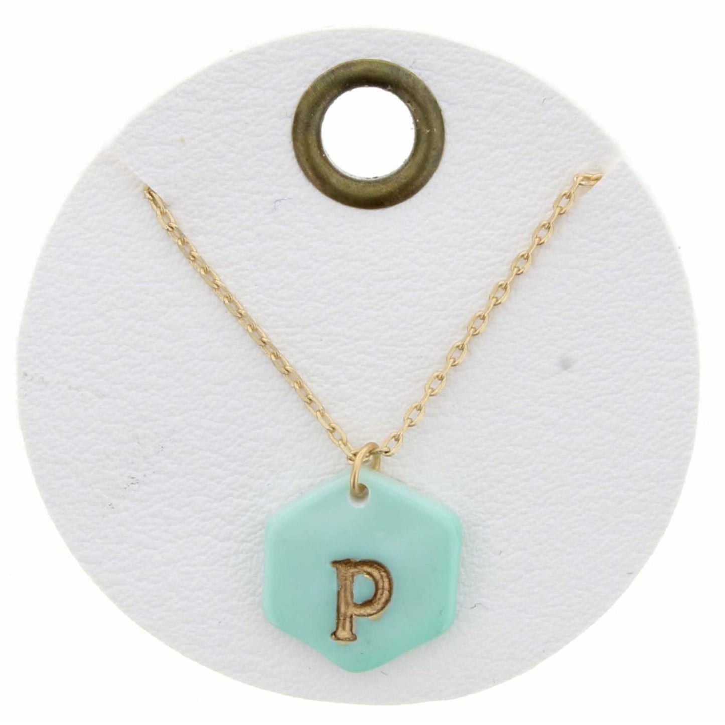 16" Mint Stamped Initial "P" Hexagon Necklace, 3" Ext