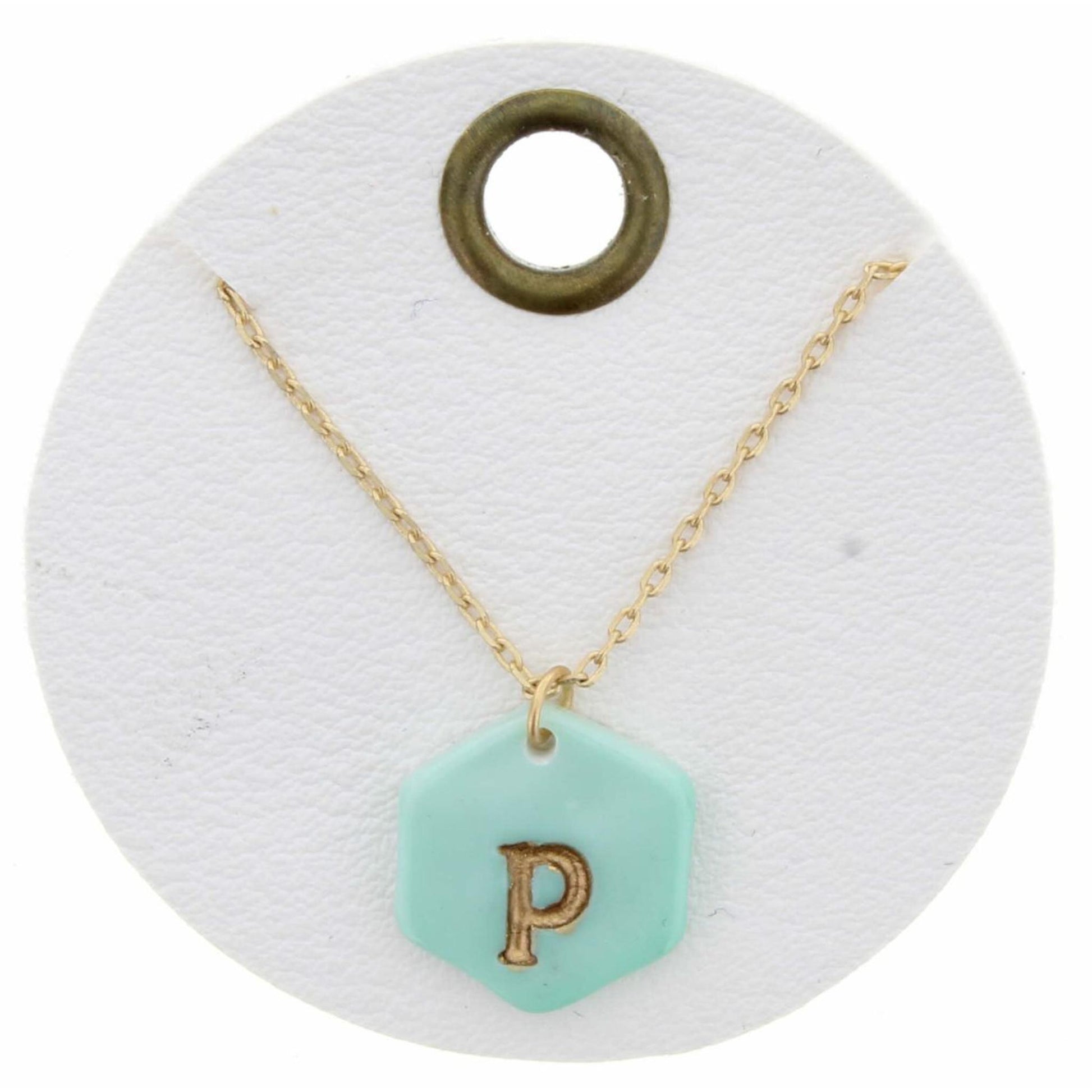 16" Mint Stamped Initial "P" Hexagon Necklace, 3" Ext
