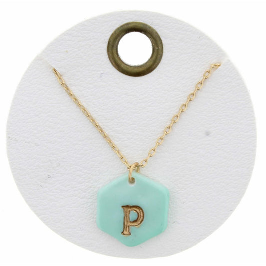 16" Mint Stamped Initial "P" Hexagon Necklace, 3" Ext