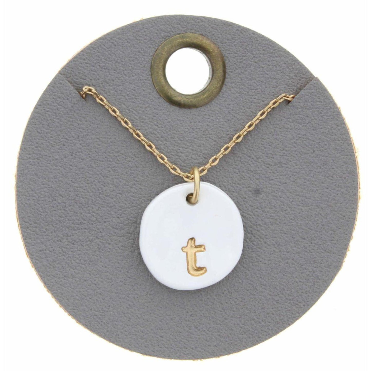 16" White Stamped Initial "T" Disk Necklace, 3" Ext
